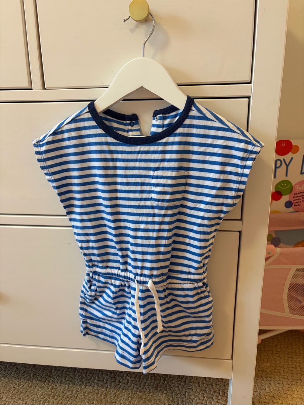 Primary Blue Stripe Romper Girls Size 2 Cotton Drawstring Pocket Romper